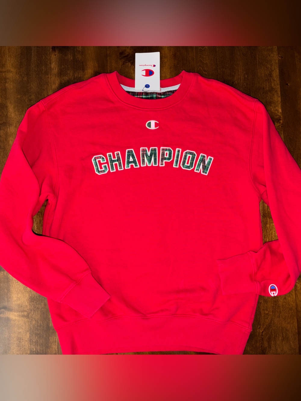 Champion Bright Red Crewneck Sweatshirt with Green Plaid Logo Women’s NWT XS